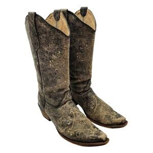 Circle G Women's Crackle Bone Black Leather Embroidered Snip Toe Western Boots
